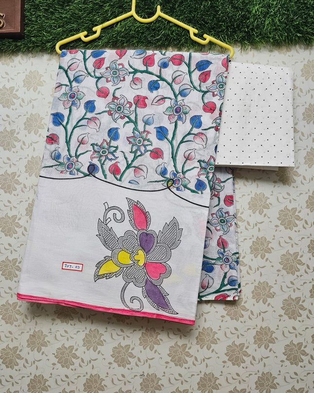 Floral Printed White Cotton Saree with Pink & Sky Blue