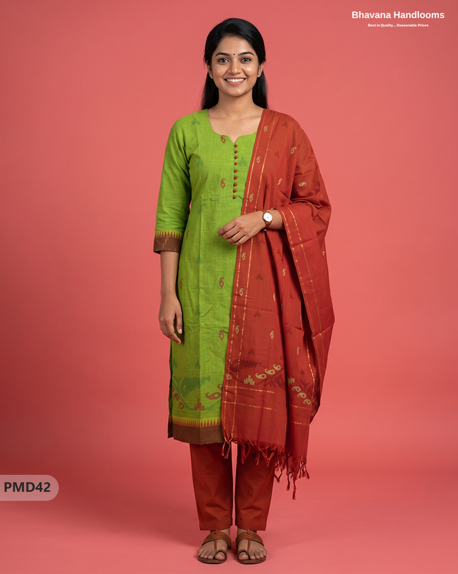 Mangalagiri Handloom Printed Cotton Suit Set with Potli Balls - Parrot Green Colour