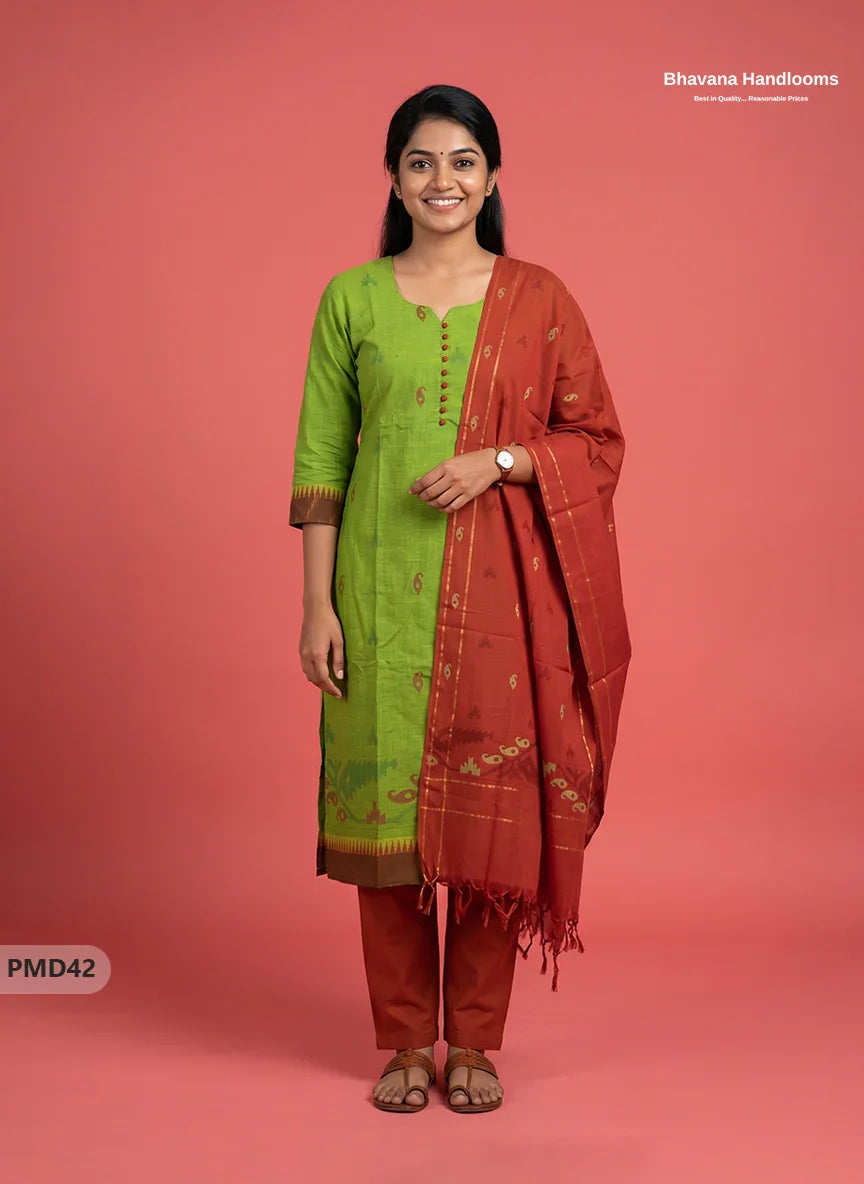 Mangalagiri Handloom Printed Cotton Suit Set with Potli Balls - Parrot Green Colour