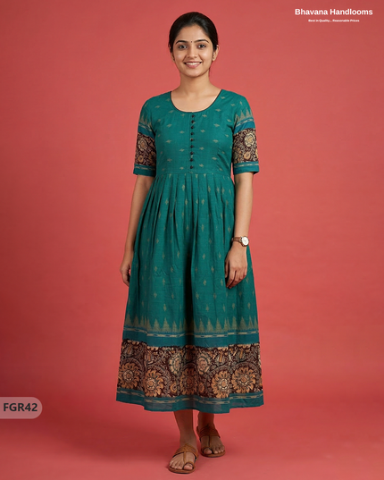 Summer Special Premium Cotton Handloom Frock with Woven Design | Sea Green Colour
