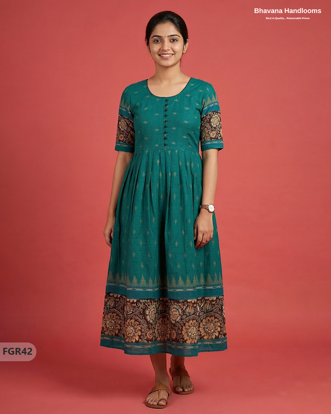 Summer Special Premium Cotton Handloom Frock with Woven Design | Sea Green Colour