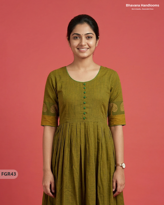 Summer Special Premium Cotton Handloom Frock with Woven Design | Pesara Green Colour