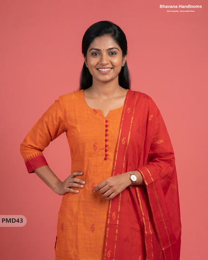 Mangalagiri  Handloom Printed Cotton Suit Set with Potli Balls – Orange Colour