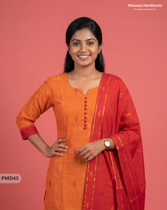 Mangalagiri  Handloom Printed Cotton Suit Set with Potli Balls – Orange Colour