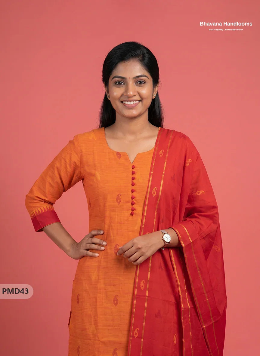 Mangalagiri  Handloom Printed Cotton Suit Set with Potli Balls – Orange Colour