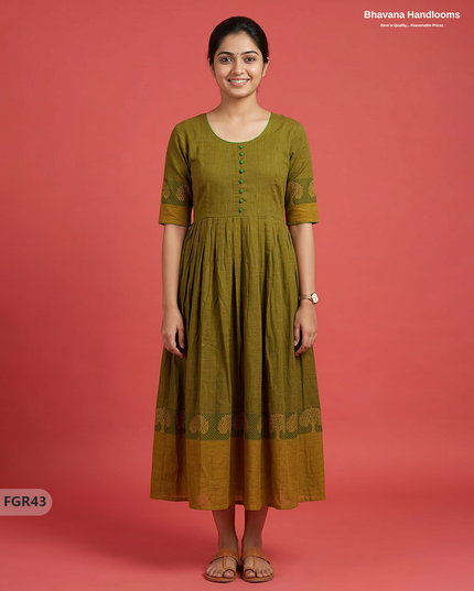 Summer Special Premium Cotton Handloom Frock with Woven Design | Pesara Green Colour