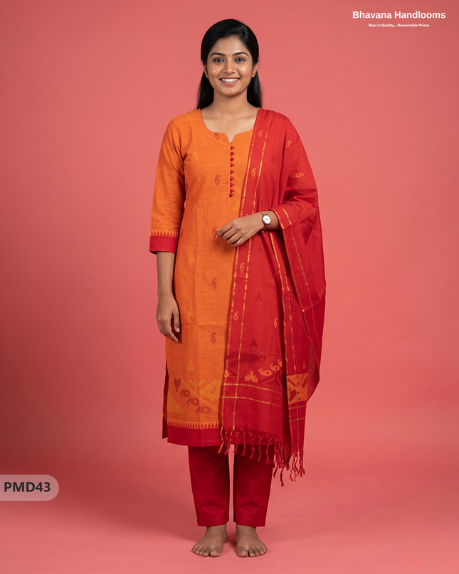 Mangalagiri  Handloom Printed Cotton Suit Set with Potli Balls – Orange Colour