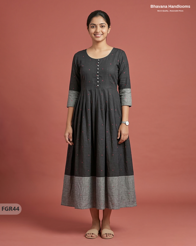 Summer Special Premium Cotton Handloom Frock with Woven Design | Black Colour