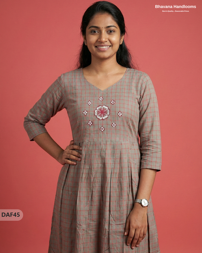 Comfortable Daily Wear Cotton Frock – Gray Orange Colour | Half Lining