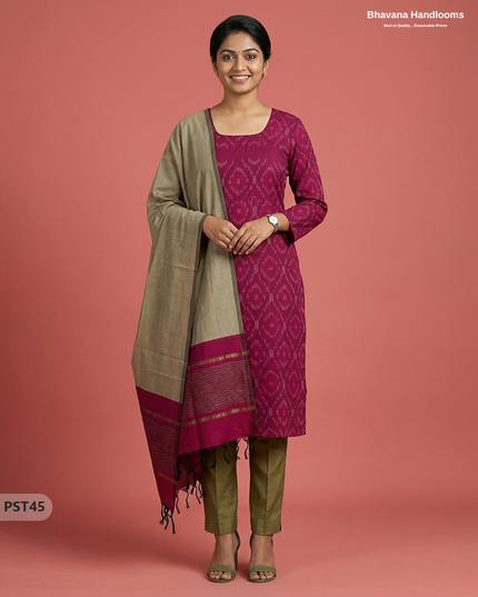 Pochampally Semi Pattu 3PC Kurti Set in Pink Colour | Ready-to-Wear Ethnic Wear