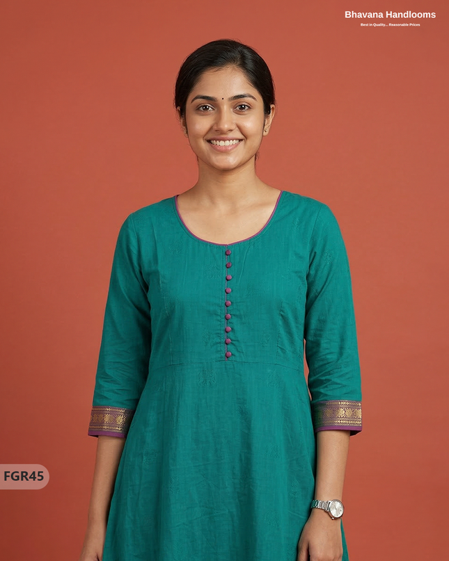 Summer Special Premium Cotton Handloom Frock with Woven Design | Green Colour