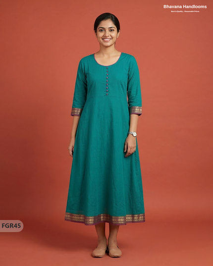 Summer Special Premium Cotton Handloom Frock with Woven Design | Green Colour