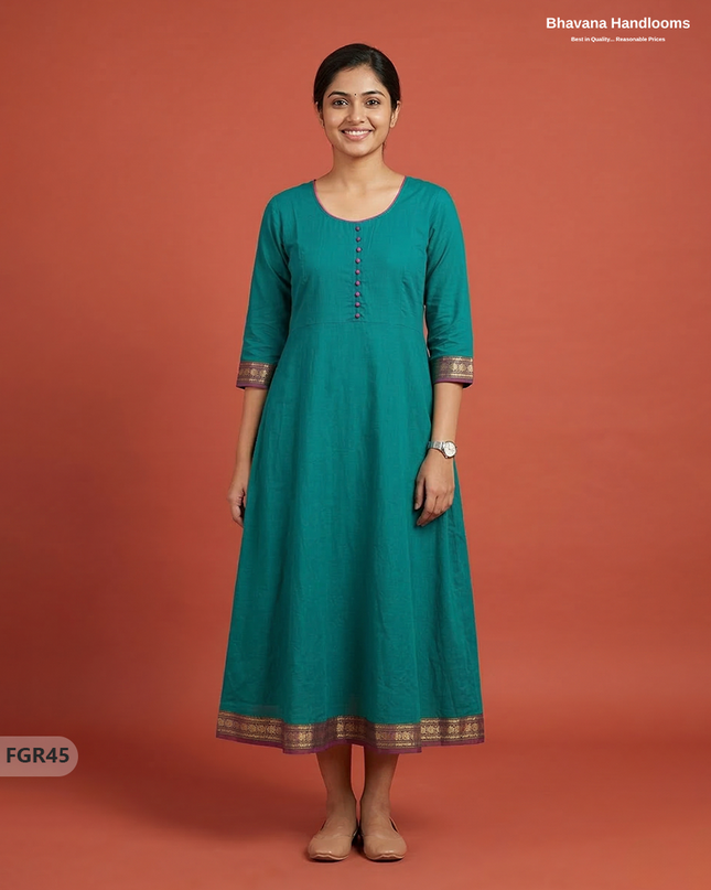 Summer Special Premium Cotton Handloom Frock with Woven Design | Green Colour