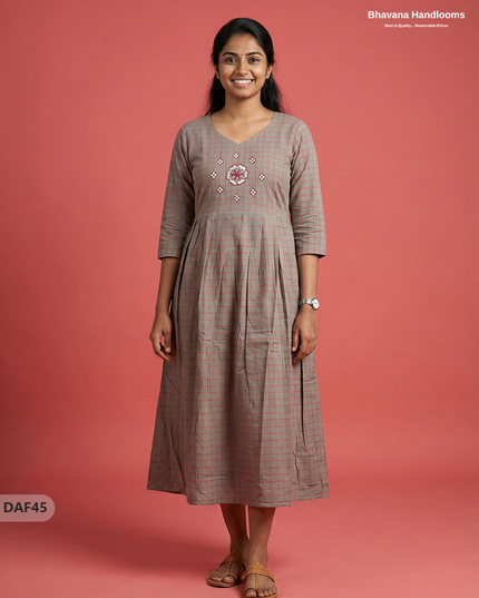 Comfortable Daily Wear Cotton Frock – Gray Orange Colour | Half Lining