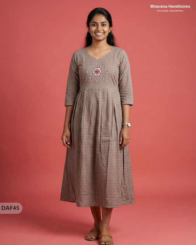 Comfortable Daily Wear Cotton Frock – Gray Orange Colour | Half Lining