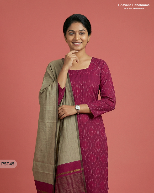 Pochampally Semi Pattu 3PC Kurti Set in Pink Colour | Ready-to-Wear Ethnic Wear