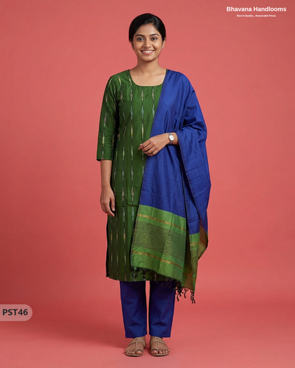 Pochampally Semi Pattu 3PC Kurti Set in Green Colour | Ready-to-Wear Ethnic Wear