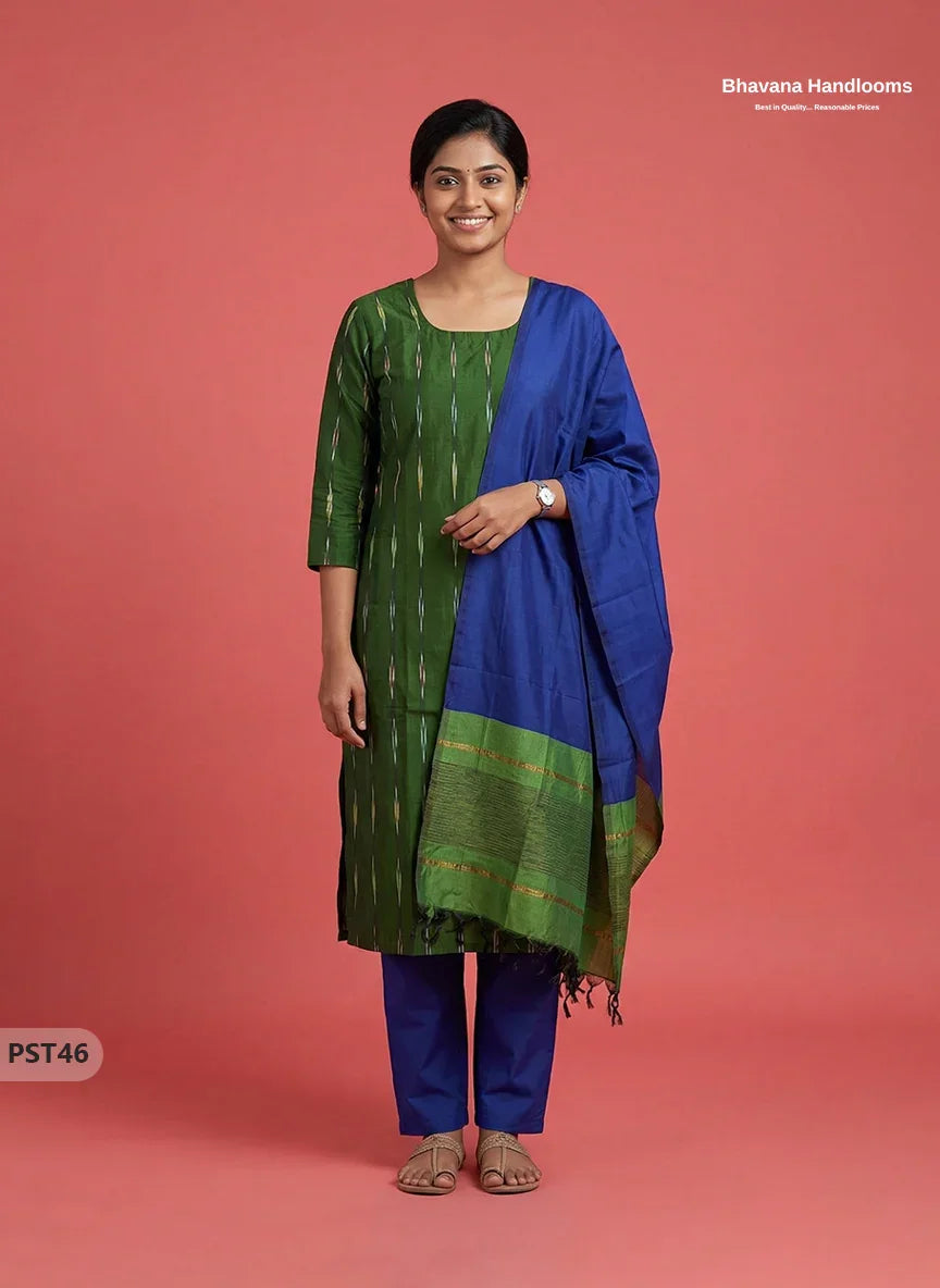 Pochampally Semi Pattu 3PC Kurti Set in Green Colour | Ready-to-Wear Ethnic Wear