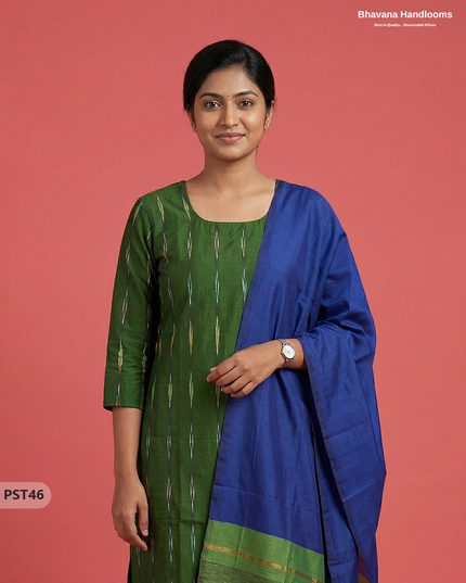 Pochampally Semi Pattu 3PC Kurti Set in Green Colour | Ready-to-Wear Ethnic Wear
