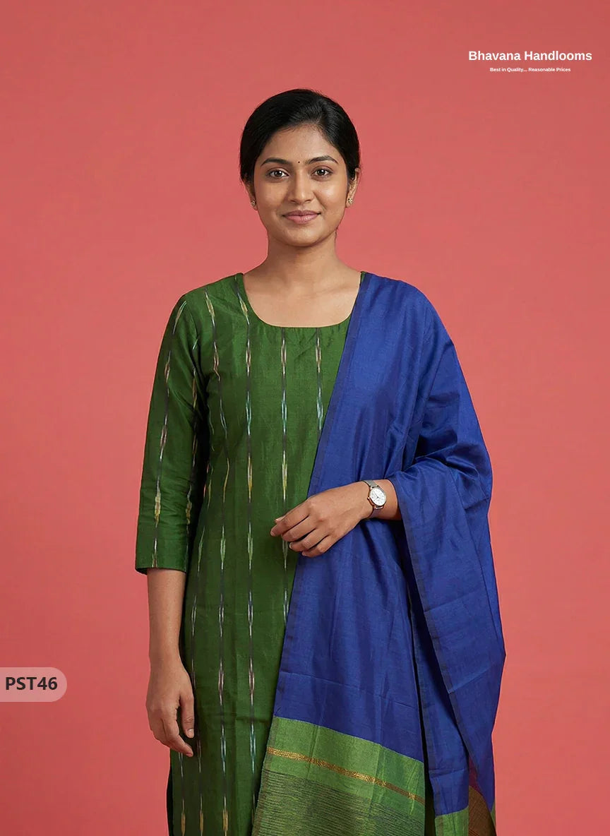 Pochampally Semi Pattu 3PC Kurti Set in Green Colour | Ready-to-Wear Ethnic Wear