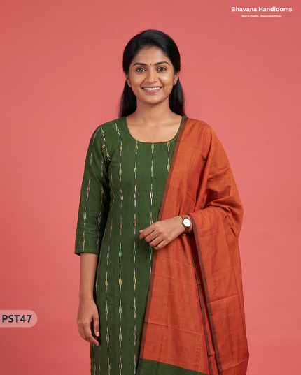 Pochampally Semi Pattu 3PC Kurti Set in Dark Green Colour | Ready-to-Wear Ethnic Wear