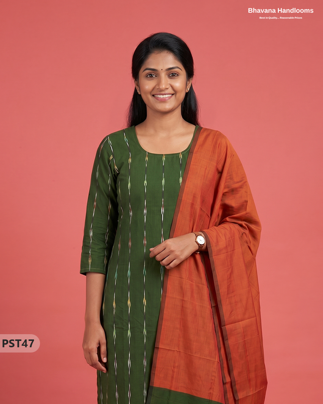 Pochampally Semi Pattu 3PC Kurti Set in Dark Green Colour | Ready-to-Wear Ethnic Wear