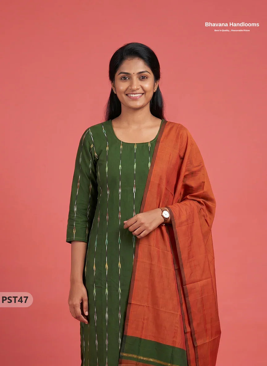 Pochampally Semi Pattu 3PC Kurti Set in Dark Green Colour | Ready-to-Wear Ethnic Wear