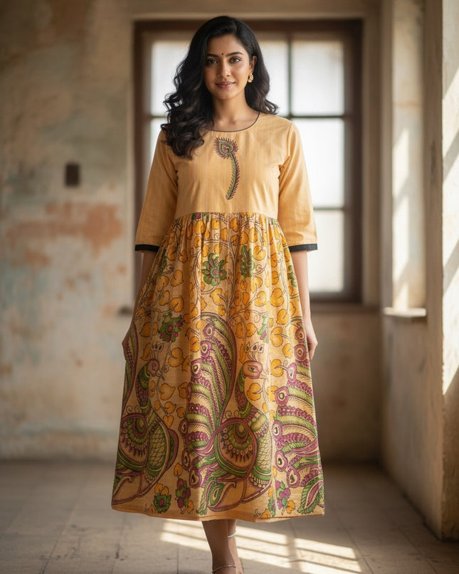 Cotton Long Frock with Peach Orange Colour