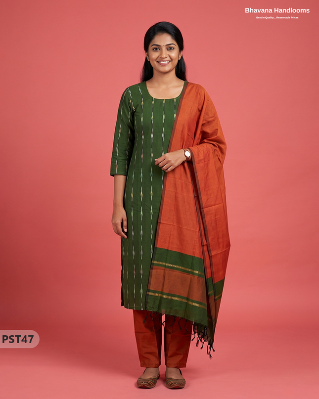 Pochampally Semi Pattu 3PC Kurti Set in Dark Green Colour | Ready-to-Wear Ethnic Wear