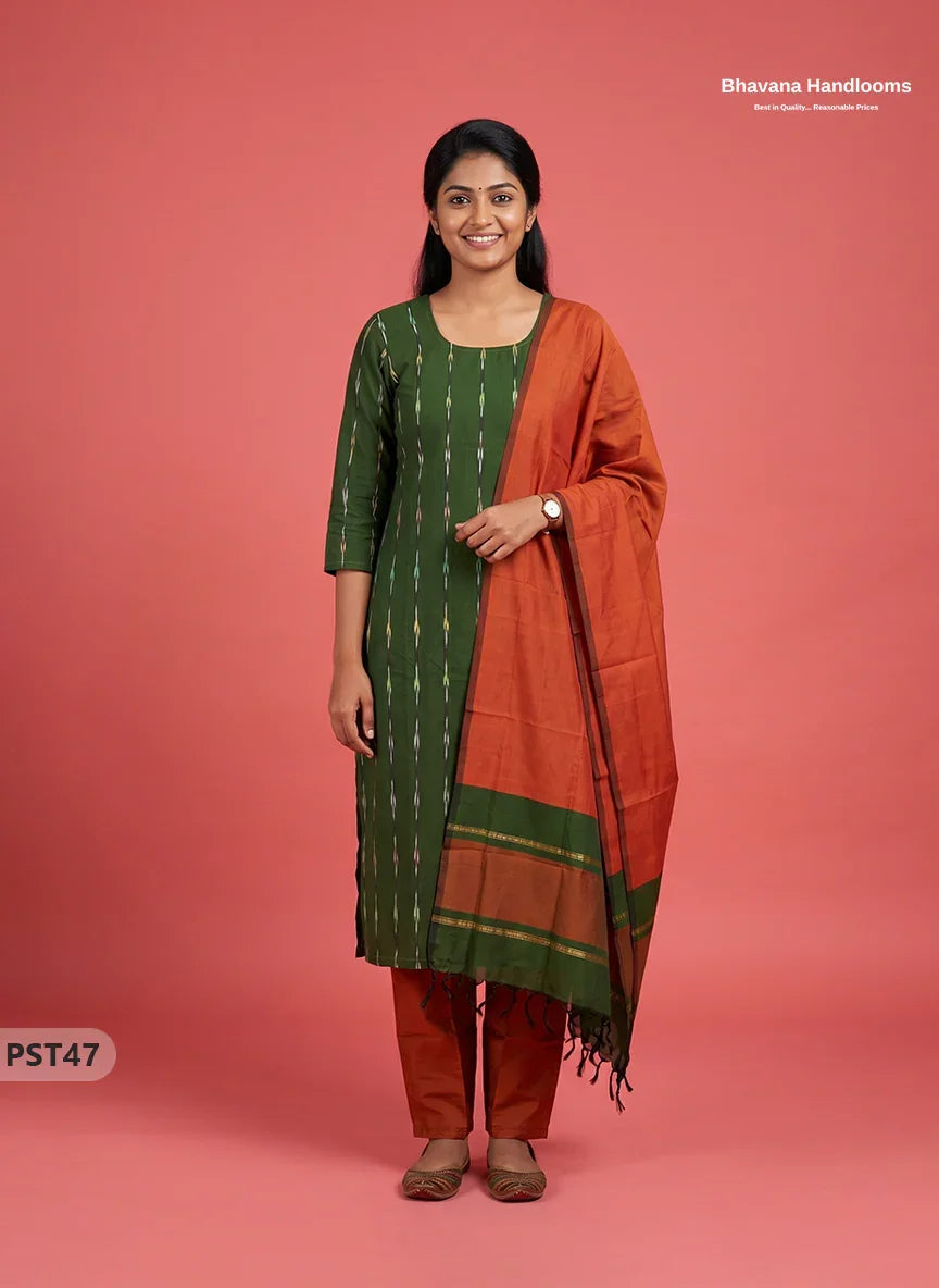 Pochampally Semi Pattu 3PC Kurti Set in Dark Green Colour | Ready-to-Wear Ethnic Wear