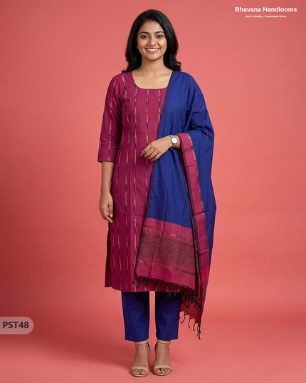Pochampally Semi Pattu 3PC Kurti Set in Pink Colour | Ready-to-Wear Ethnic Wear