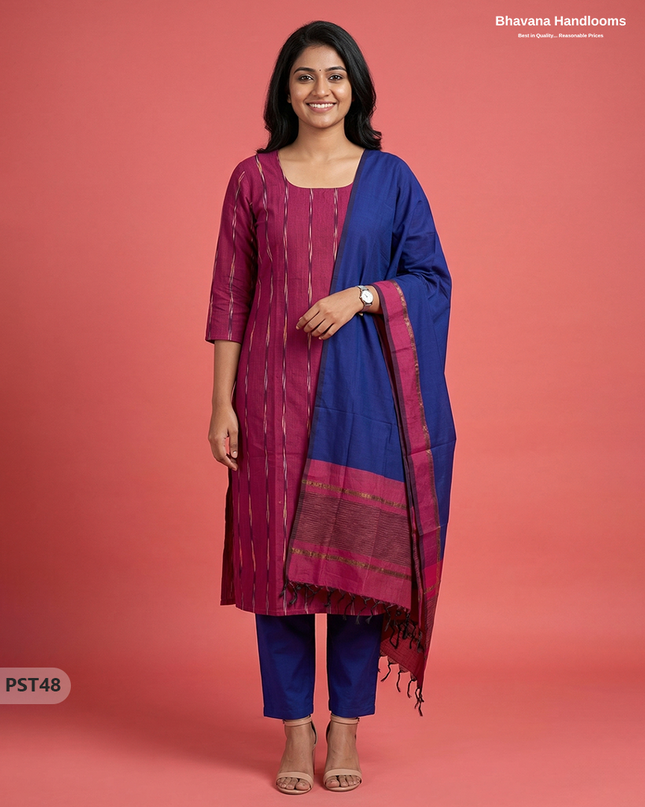Pochampally Semi Pattu 3PC Kurti Set in Pink Colour | Ready-to-Wear Ethnic Wear