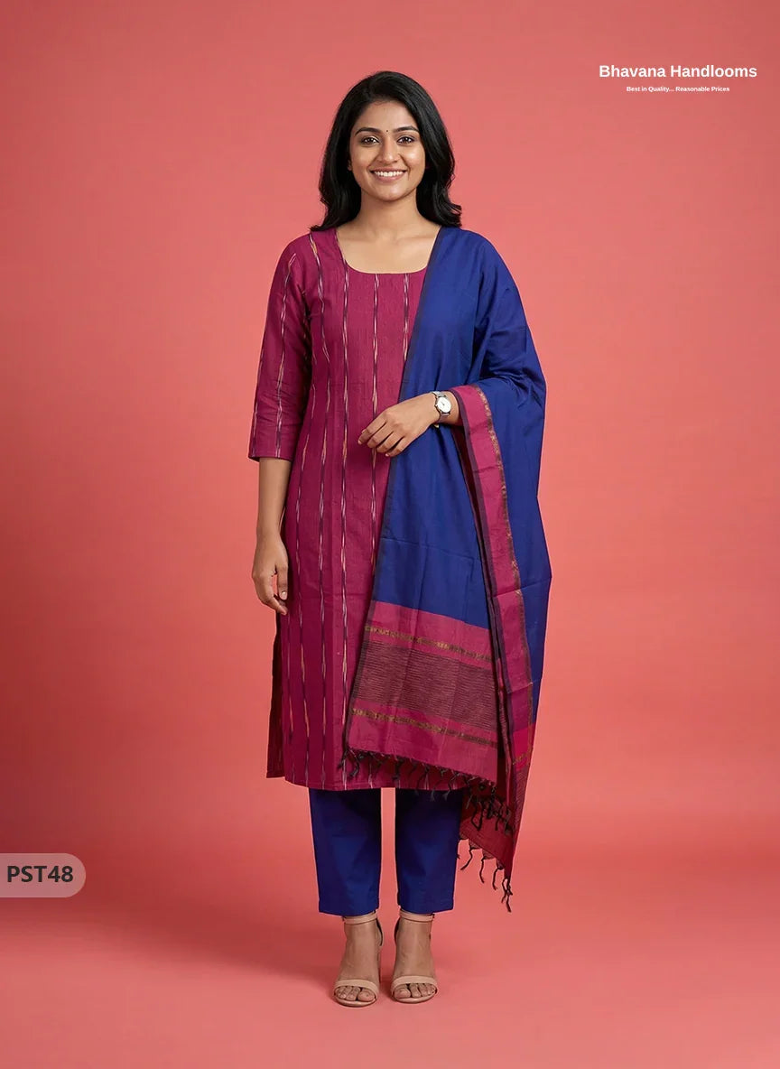 Pochampally Semi Pattu 3PC Kurti Set in Pink Colour | Ready-to-Wear Ethnic Wear
