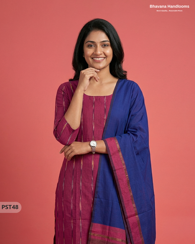Pochampally Semi Pattu 3PC Kurti Set in Pink Colour | Ready-to-Wear Ethnic Wear