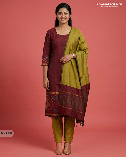 Pochampally Semi Pattu 3PC Kurti Set in Maroon Colour | Ready-to-Wear Ethnic Wear