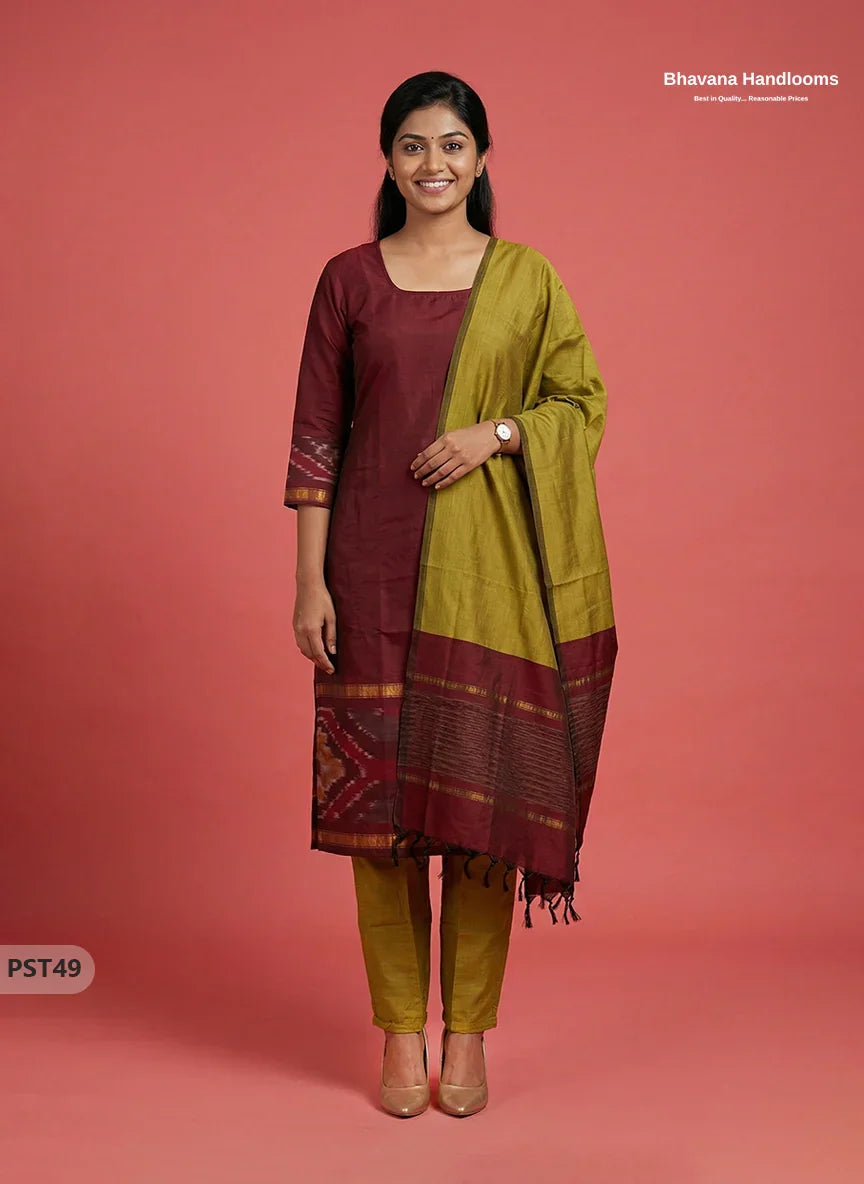 Pochampally Semi Pattu 3PC Kurti Set in Maroon Colour | Ready-to-Wear Ethnic Wear