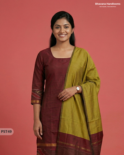 Pochampally Semi Pattu 3PC Kurti Set in Maroon Colour | Ready-to-Wear Ethnic Wear