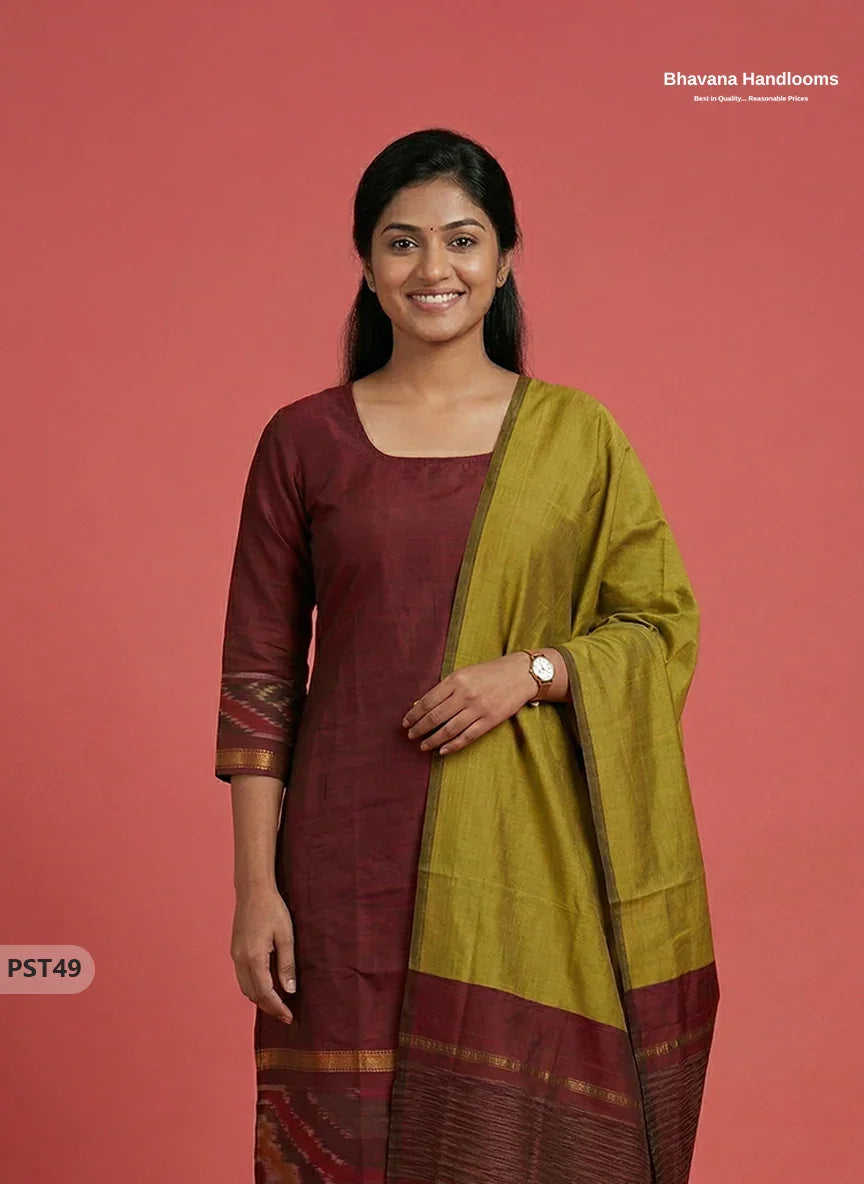 Pochampally Semi Pattu 3PC Kurti Set in Maroon Colour | Ready-to-Wear Ethnic Wear