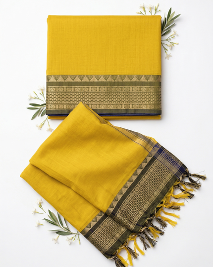Traditional wear Narayanpet Mercerised cotton dress material with Lemon Yellow colour
