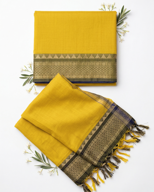 Traditional wear Narayanpet Mercerised cotton dress material with Lemon Yellow colour