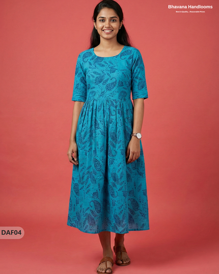Comfortable Daily Wear Cotton Frock – Sea Blue Colour | Half Lining