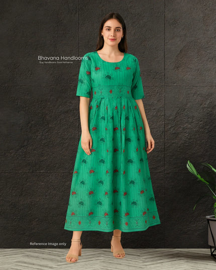 Floral Printed Cotton Frock for Women – Emrold Green Dress | Bhavana Handlooms