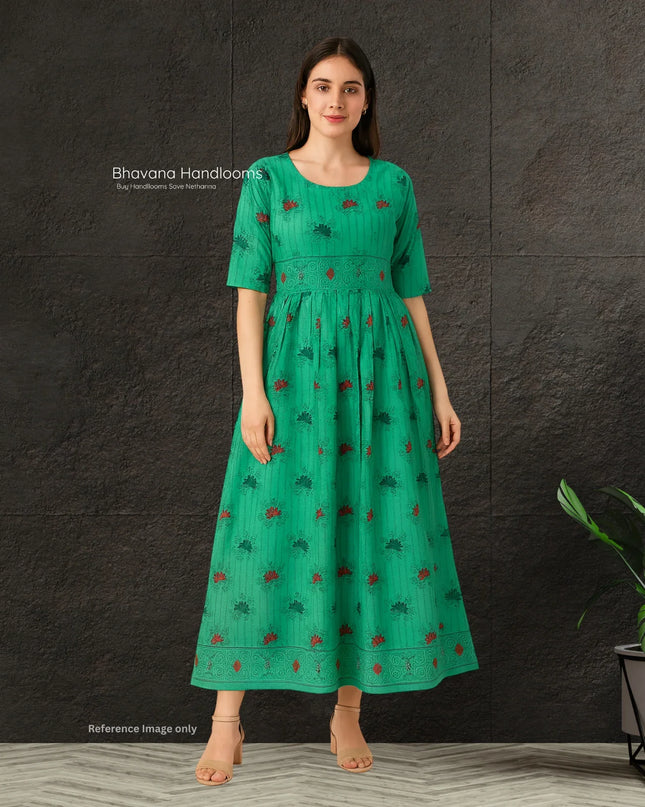 Floral Printed Cotton Frock for Women – Emrold Green Dress | Bhavana Handlooms