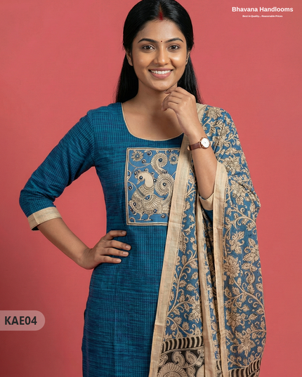 Readymade Kalamkari Cotton Kurti Set in Sea Blue Colour | Elegant Ethnic Wear