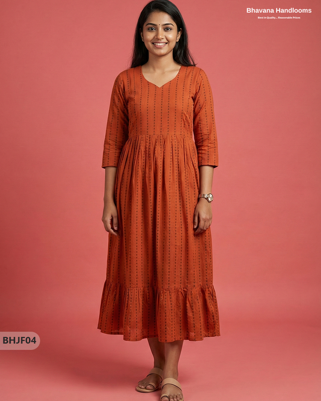 Premium Orange Jacquard Woven Frock with Half Length Lining