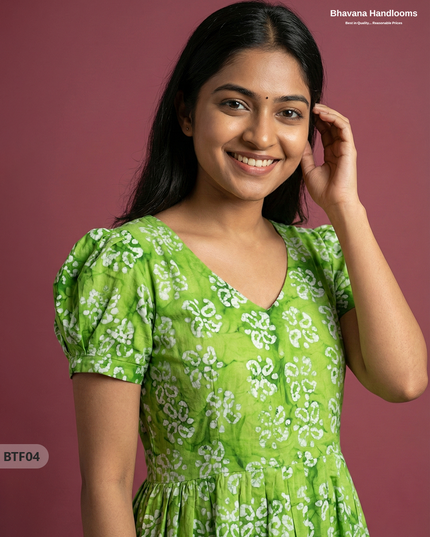 Handmade Batik Frock with Natural Dye – Potli Ball Neck Design Parrot Green Colour