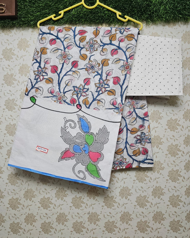 Floral Printed White Cotton Saree with Pink & Brown