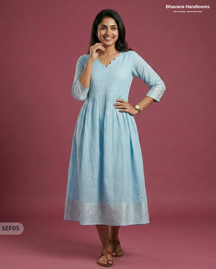 Premium Soft Semi Pattu Frock in Pastel Sky Blue | Full Length Lining
