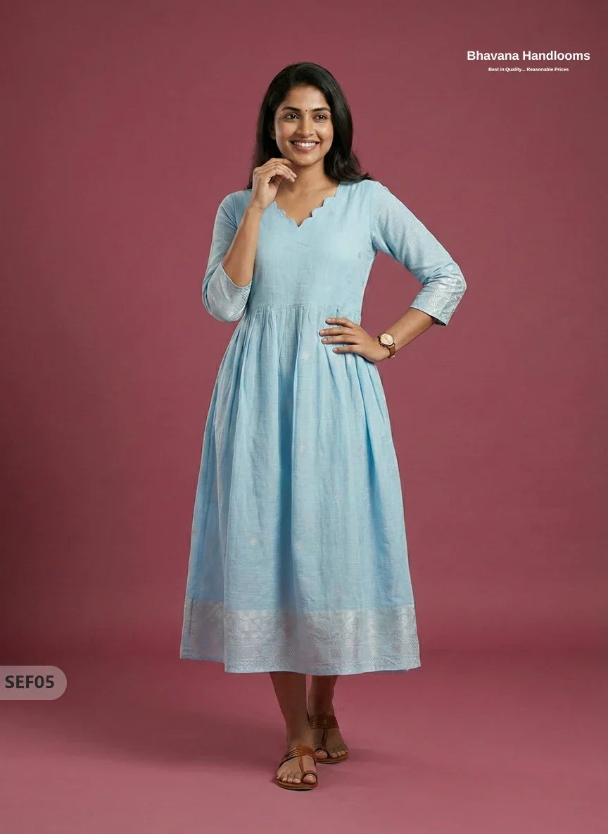 Premium Soft Semi Pattu Frock in Pastel Sky Blue | Full Length Lining