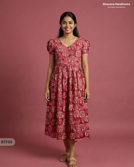 Handmade Batik Frock with Natural Dye – Potli Ball Neck Design Pink Colour